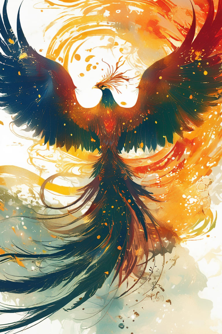 A majestic phoenix's silhouette stands out against a mesmerizing backdrop of swirling ink brushstrokes. The phoenix's piercing gaze meets the viewer's as it rises from the ashes, suspended in a dramatic ascent pose. A veil of ink rain and smoke surrounds the subject, with delicate droplets glistening like tiny jewels. Masterfully crafted digital art with a professional touch, this stunning image exudes a sense of mastery.,enamel color