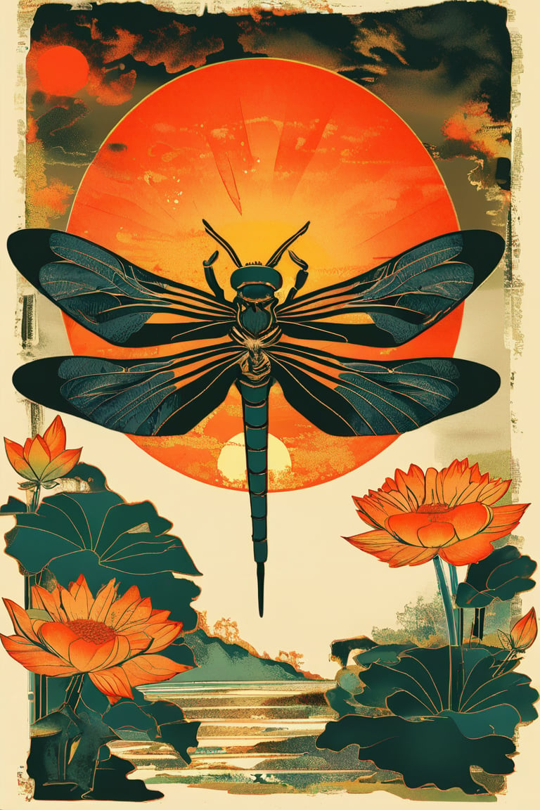 A vintage t-shirt design with retro-inspired typography surrounding a sumi-e ink illustration of a dragonfly hovering over a pond, with lotus flowers, incorporating Japanese calligraphy, black background, colorful shades, highly detailed, vector image, vibrant and clean, with a sunset backdrop, photorealistic style, flat design.,enamel color