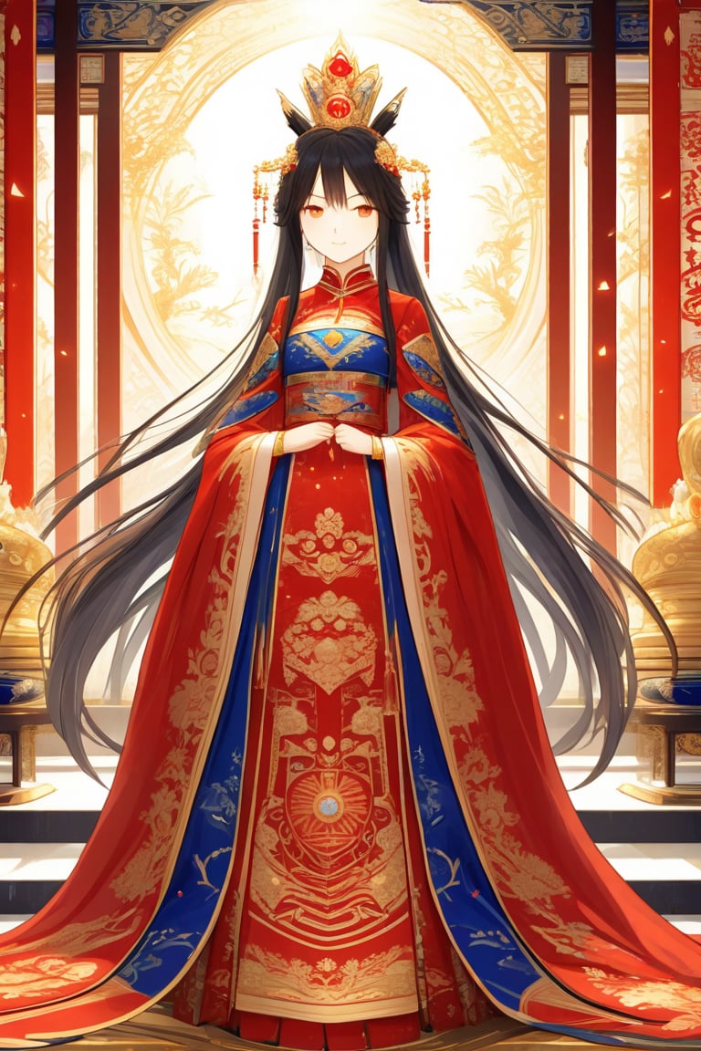 chinese girl,Female game character, long hair, Diaochan style, classical beauty, delicate skin, gentle gaze, ornate attire, golden embellishments, palace background, fine lighting, wide-angle shot, natural light, graceful posture, red and gold combination, mysterious and noble.in clothes