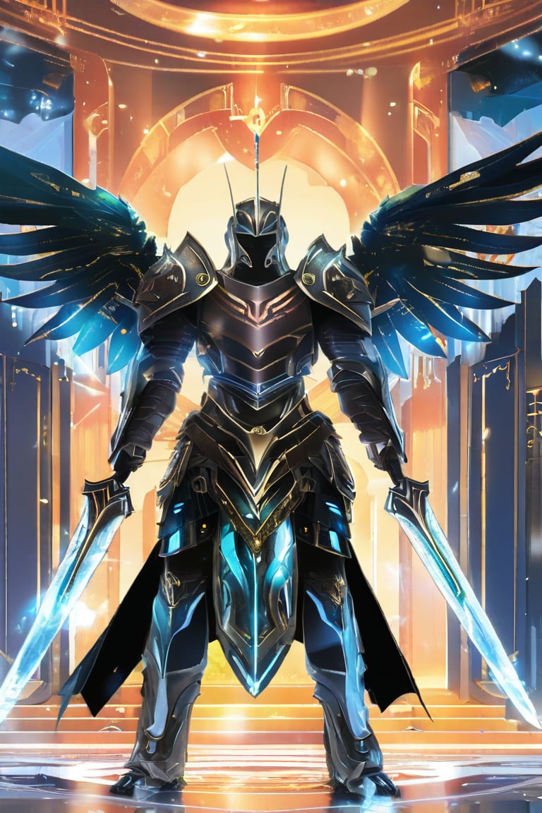 A hyper-realistic image of a royal knight clad in advanced, exoskeleton armor that combines traditional royal insignias with cutting-edge technology. The armor is made of a reflective, black alloy with gold accents, featuring energy shields and retractable wings. The knight stands with a powerful stance, holding a glowing, energy-infused sword. The background is a high-tech throne room with holographic banners and a throne that hovers above the ground, illuminated by a soft, ethereal light.,enamel color