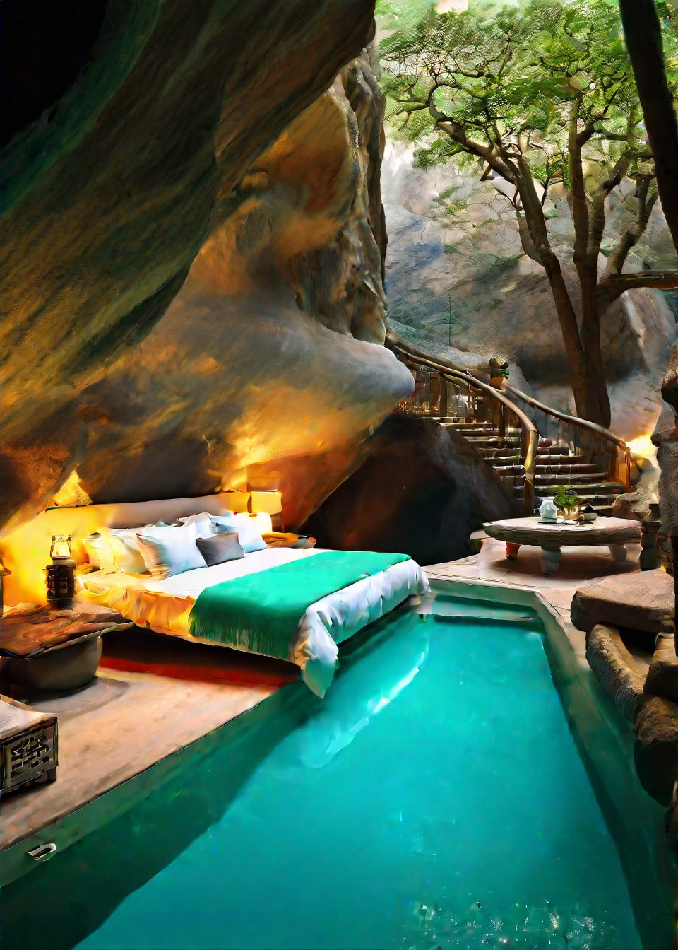 Captured from a high-angle perspective, a stunning stunning view of a cave-like setting. The cave features a bed with a white bedspread, a white blanket, and a blue blanket. The pool is surrounded by large rocks, and the water is a vibrant turquoise color. The rocks are jagged and jagged, adding a touch of texture to the scene. To the right of the cave, a bed and a table are placed on a stone platform. The bed and table are adorned with white pillows and a green blanket. A staircase leads up to the pool, providing a glimpse into the cave. A black lantern is affixed to the wall above the bed. A large tree casts a shadow on the left side of the image, adding depth to the composition.