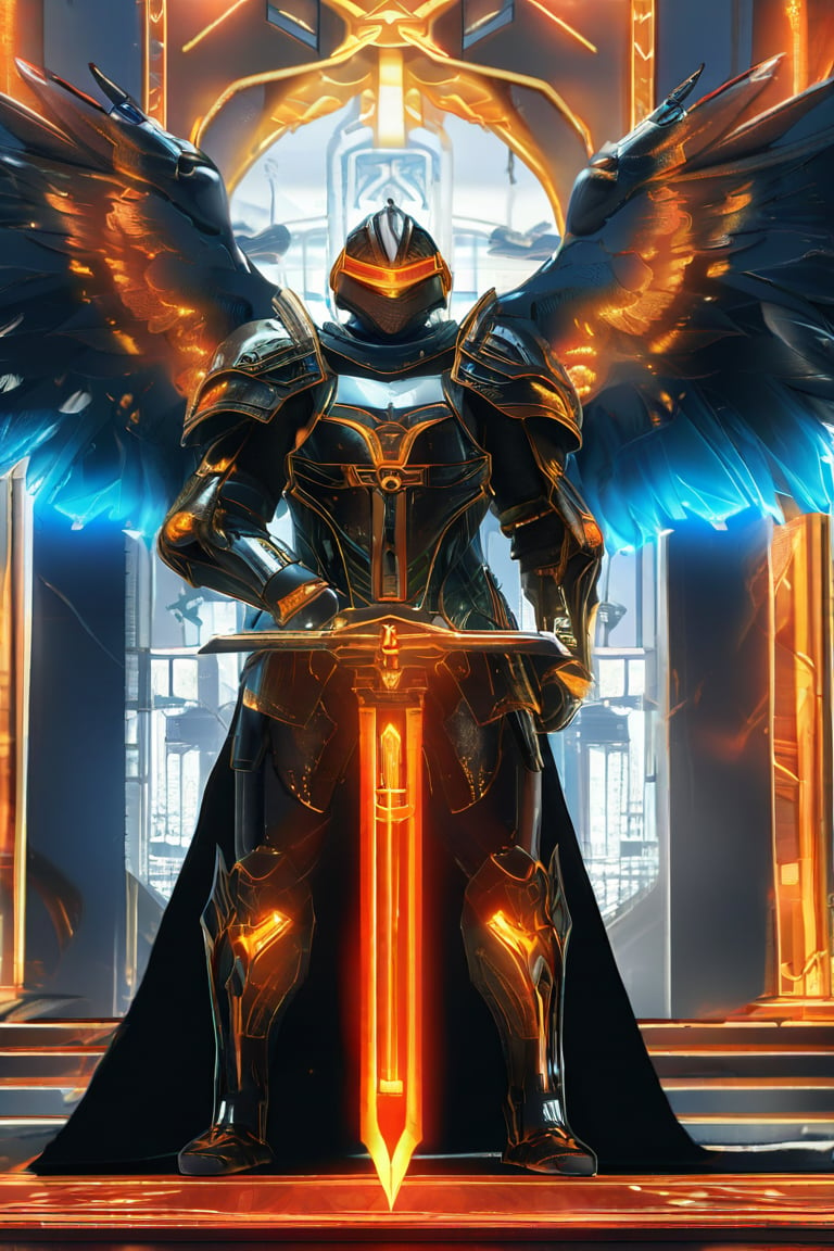 A hyper-realistic image of a royal knight clad in advanced, exoskeleton armor that combines traditional royal insignias with cutting-edge technology. The armor is made of a reflective, black alloy with gold accents, featuring energy shields and retractable wings. The knight stands with a powerful stance, holding a glowing, energy-infused sword. The background is a high-tech throne room with holographic banners and a throne that hovers above the ground, illuminated by a soft, ethereal light.,enamel color