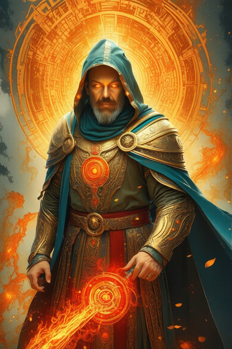 Extreme full body portrait of a heaven wizard the Lord of Light, complex construction, Abstract background with chaotic intersected relief circles pattern over old gold texture, 12K, HD, hyper detailed in burning hell, (piercing flame eyes)+, vibrant colors, masterpiece, 12K, UHD, upperbody portrait, depth of field, 12K, HD, ultra high definition,enamel color