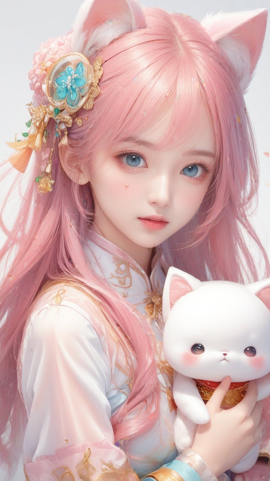 Adorable kawaii anime girl with pink hair, big sparkly eyes, holding a plush toy, pastel colors, soft lighting, by Sakimichan and Nekopara team, digital painting style,csgirl,enamel color