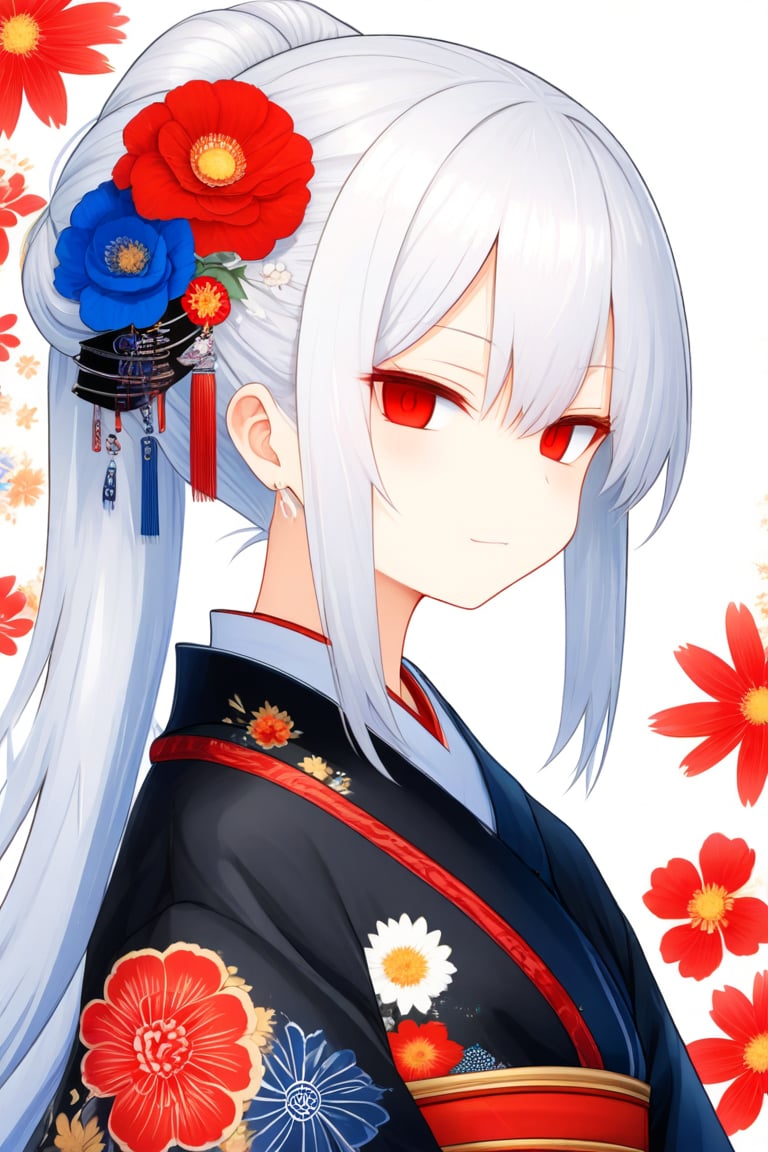 nai二次元风格,1girl, solo, japanese clothes, hair over one eye, red eyes, hair ornament, kimono, mole under eye, flower, hair flower, long hair, looking at viewer, white hair, mole, blue flower, upper body, closed mouth, black kimono, floral print