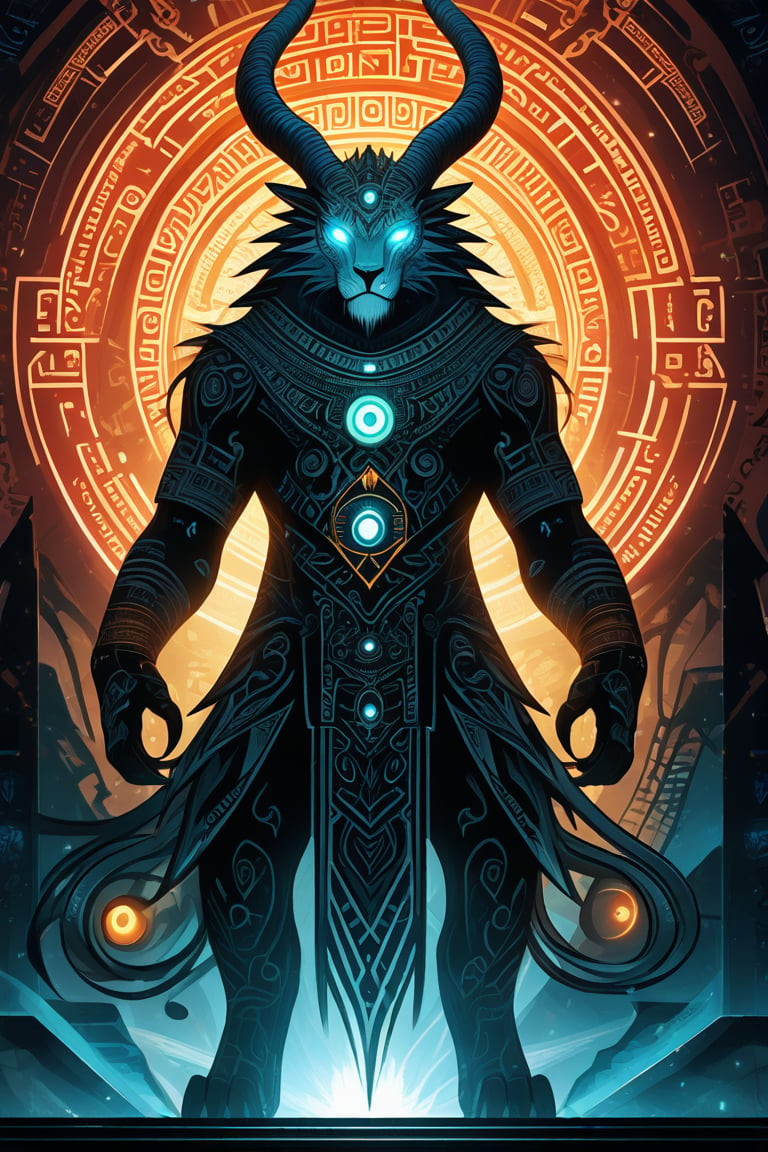 A majestic creature stands tall, its entire body covered in intricate, swirling symbols of ancient mysticism. The air is thick with an otherworldly energy as the beast's piercing gaze seems to bore into the soul. Framed against a dark, mystical backdrop, the creature's ethereal glow illuminates the mysterious hieroglyphics that dance across its form.