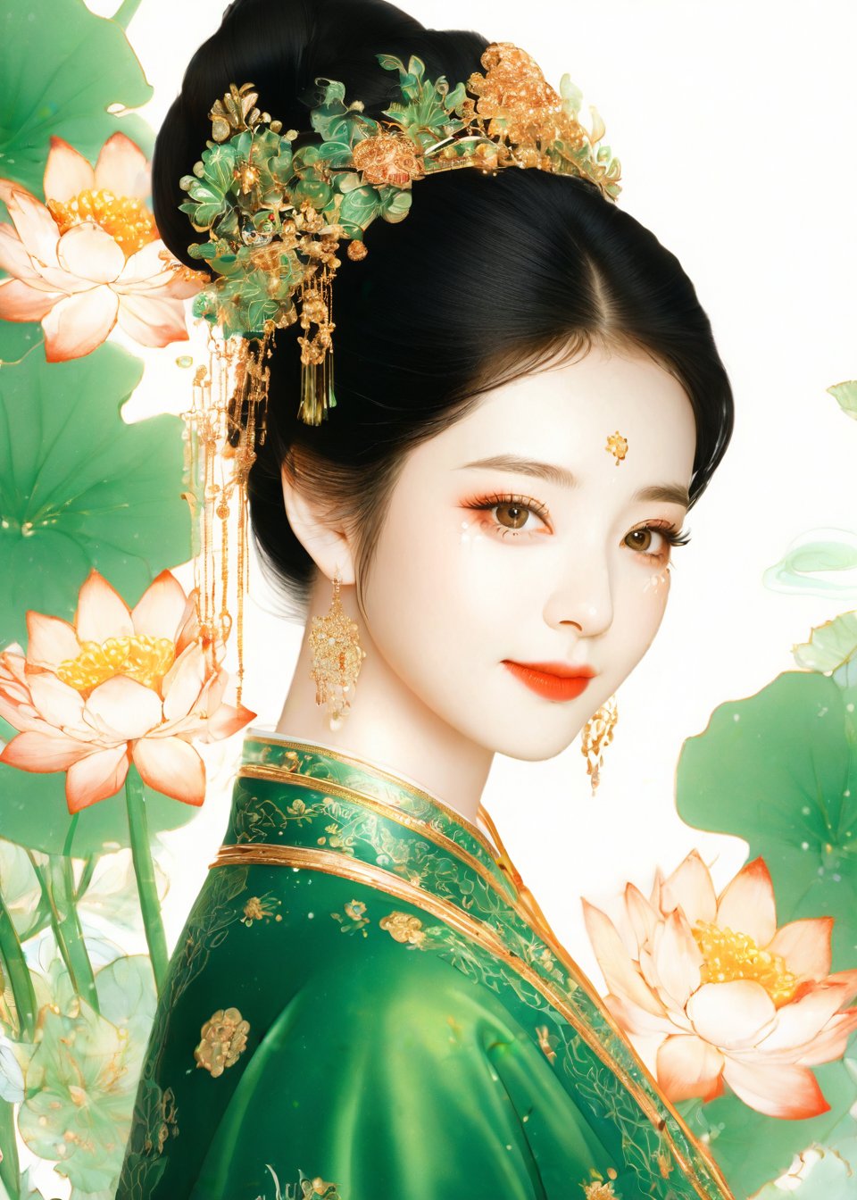 (ancient traditional Chinese lady),(ultra-fine Pale green pointillism),lacquerwork,fusuma picture,extremely delicated and beautiful,8K,faint smile,Matte color,(illustration Style),(beautiful detailed eyes:1.2),Lotus flowers,an indescribable atmosphere,super model,enamel color