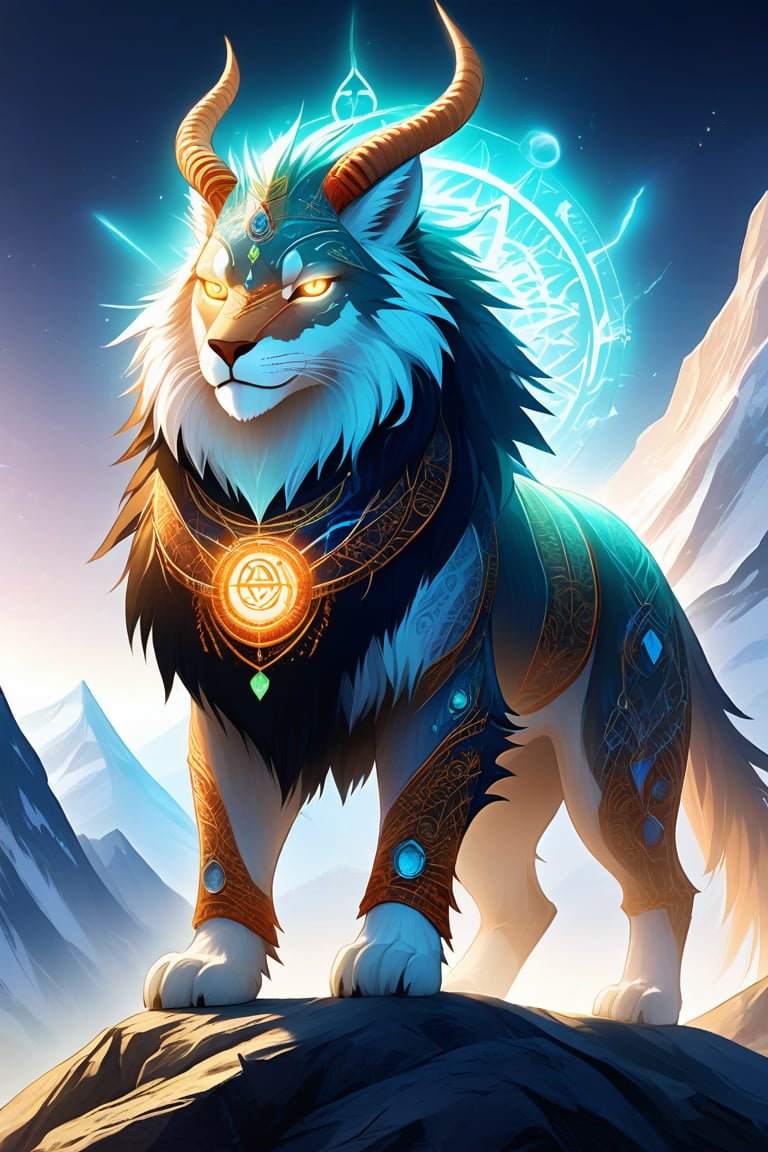 A majestic creature with an ethereal aura, its entire body adorned with mysterious symbols and runes that seem to pulse with an otherworldly energy. The beast's eyes gleam with ancient wisdom as it stands atop a misty mountain peak, the symbol-studded fur glistening in the soft, mystical light.