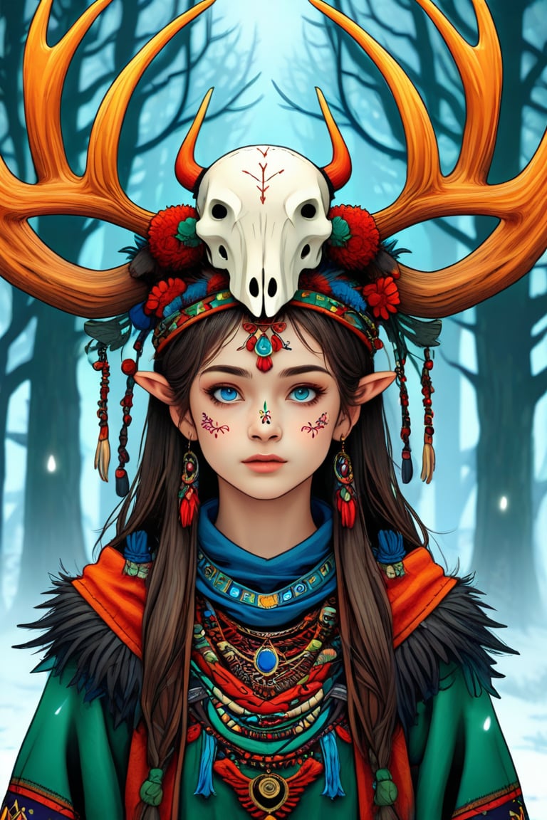 A shaman girl with a large moose skull on her head. The strange decoration of dead branches, the mysterious and brightly colored Celtic shaman costume, and the girl is surrounded by a mysterious aura.,extremely detailed