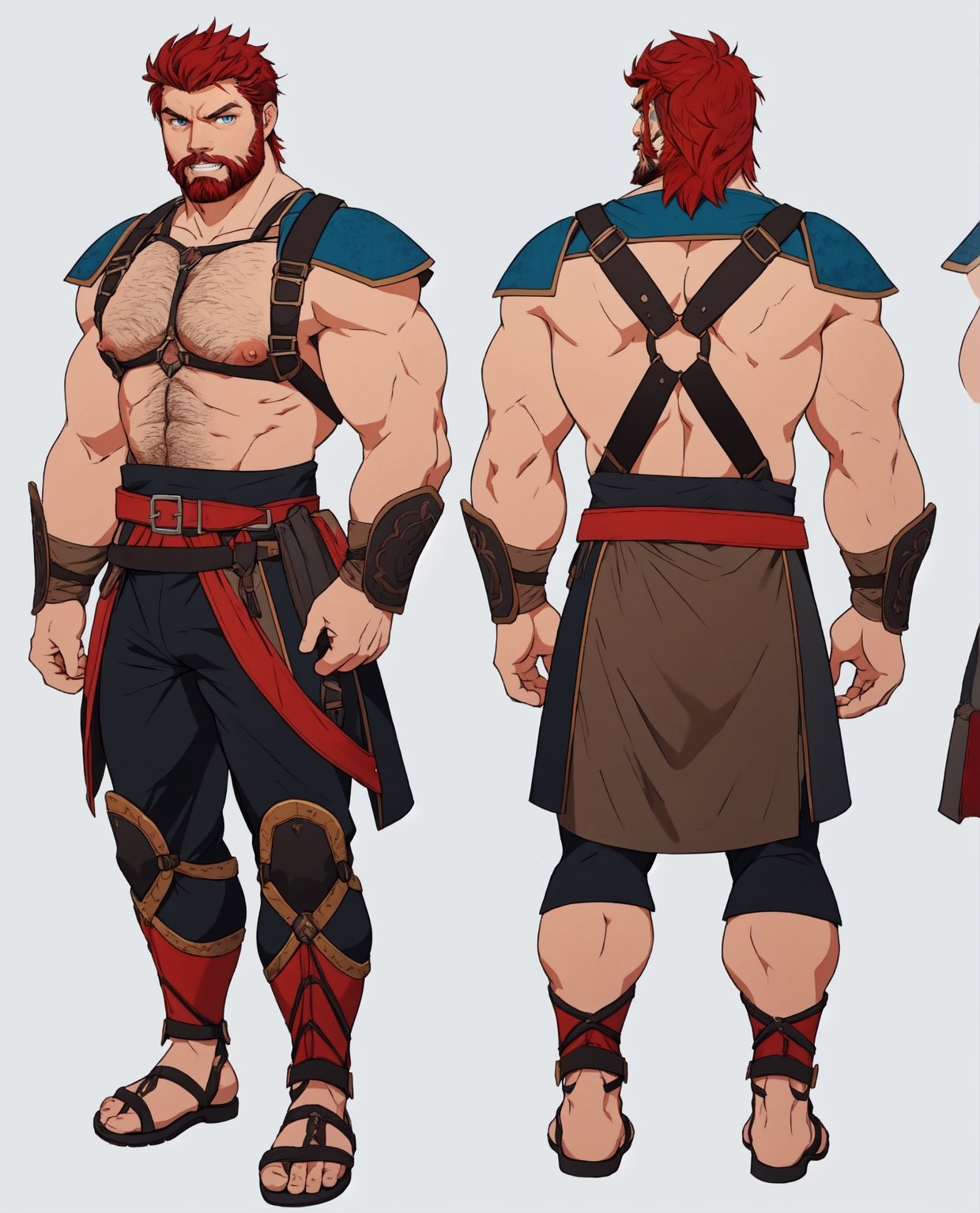 fantasy, rpg, chara-sheet, front view, back view, looking at his front, big pectorals, big nipples, hairy chest, muscular, 1boy, manly, Karl Urban, red hair, young, simple background, harness, skimpy warrior clothes, sandals, blue eyes, frown, grin, unkempt beard, short hair,