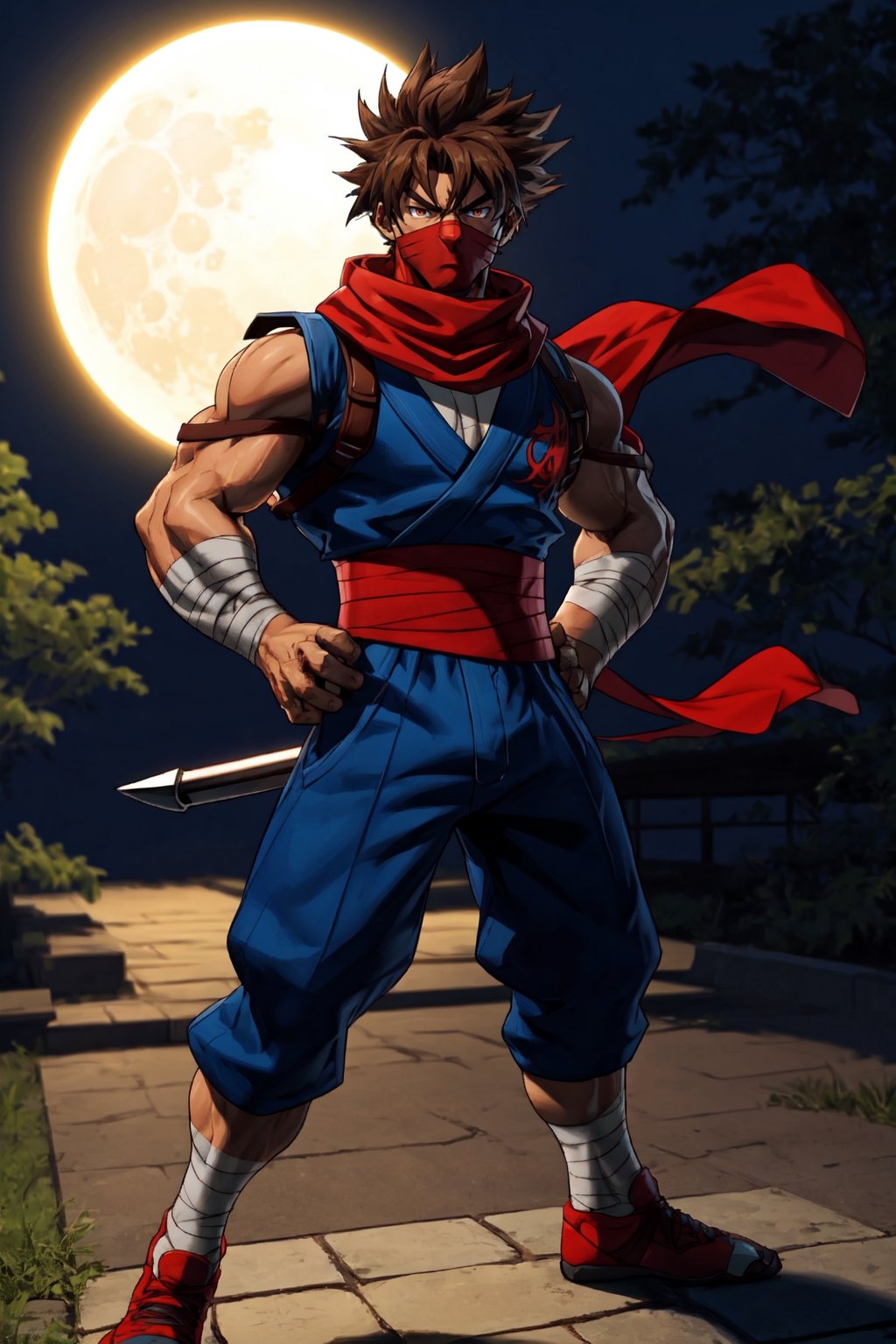 Strider_Hiryu, solo, brown hair, red eyes, 1boy, male focus, scarf, mask, bandages, armband, red scarf, ninja, moon light, sakura falling, standing, hand on hips, blue shirt, ultra realistic,32k,RAW photo,(high detailed skin:1.2), 8k uhd, dslr, soft lighting, high quality, film grain