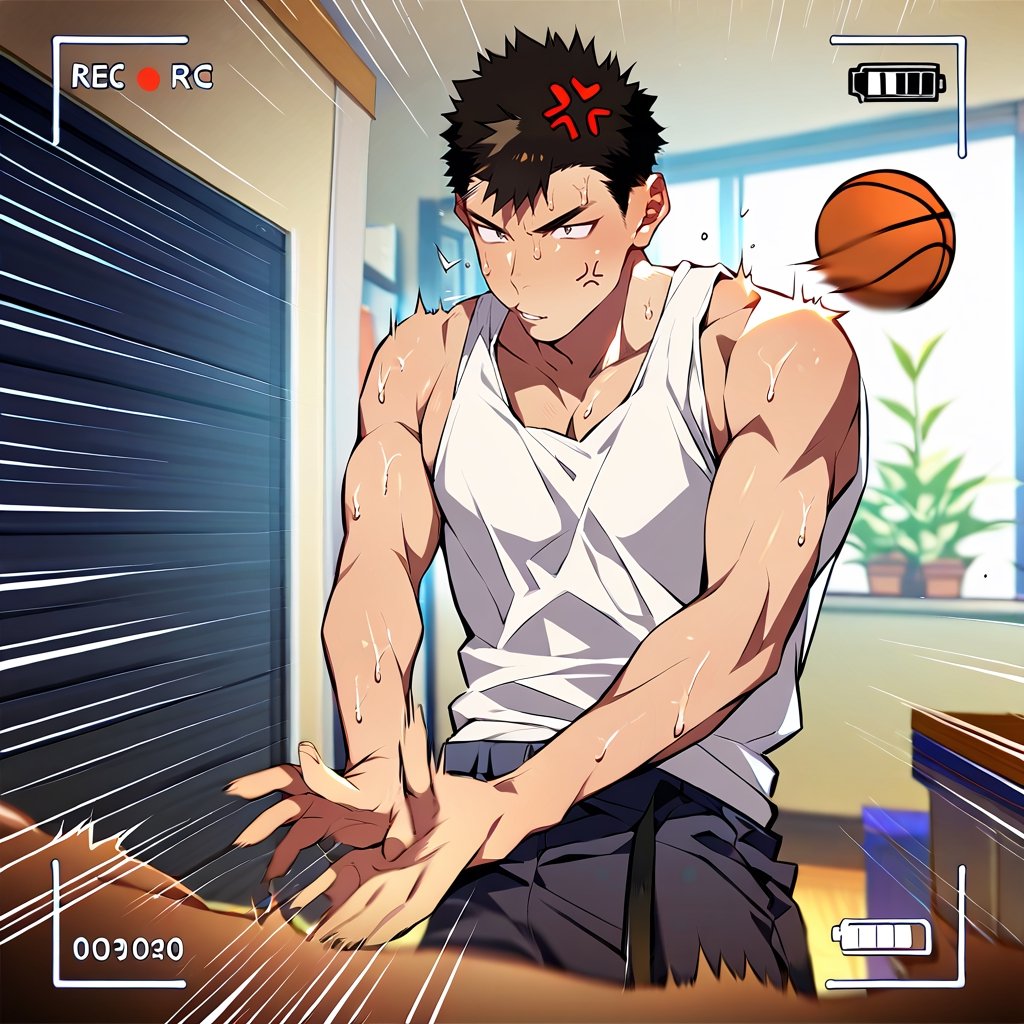 (zPDXL), score_9, score_8_up, score_7_up, score_6_up, cinematic angle, cowboy shot, upper body, motion lines, motion blur, spoken, sfx, male focus, source anime, yaoi, recording, cowboy shot, pants down, open pants, BREAK, 1boy, closeup, basketball tanktop, big pectorals, pants, anger, rivals, sweat, musk, amazing quality, best aesthetic, year 2023, indoors,