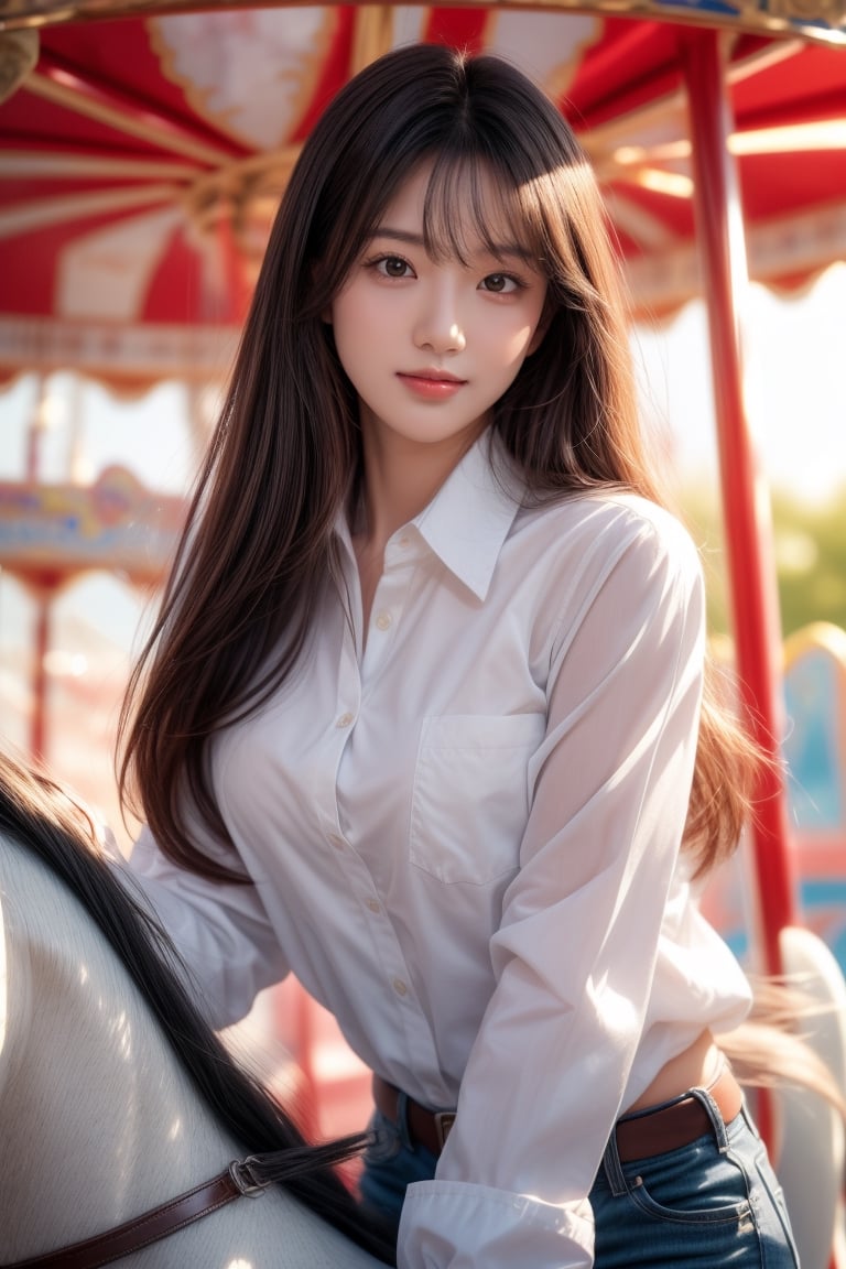 background is amusement park,
18 yo, 1 girl, beautiful korean girl,
wearing white collared long sleeve shirts,short pants, smile,riding a merry-go-round, solo, {beautiful and detailed eyes}, dark eyes, calm expression, delicate facial features, ((model pose)), Glamor body type, (dark hair:1.2), very_long_hair, hair past hip, bangs, straight hair, flim grain, realhands, masterpiece, Best Quality, 16k, photorealistic, ultra-detailed, finely detailed, high resolution, perfect dynamic composition, beautiful detailed eyes, eye smile, ((nervous and embarrassed)), sharp-focus, full_body, cowboy_shot,
