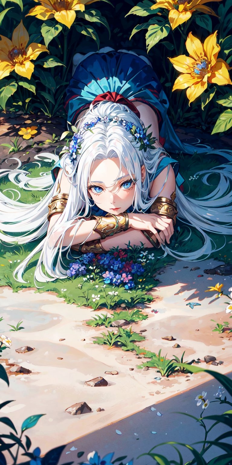 1 girl, white hair, long hair, hair forward, light blue eyes, deep gaze, lying on the ground under a tree, view from above, flowers all over the floor, super detailed image, perfect face, mix of fantasy and realism , hdr, ultra hd, 4k, 8k