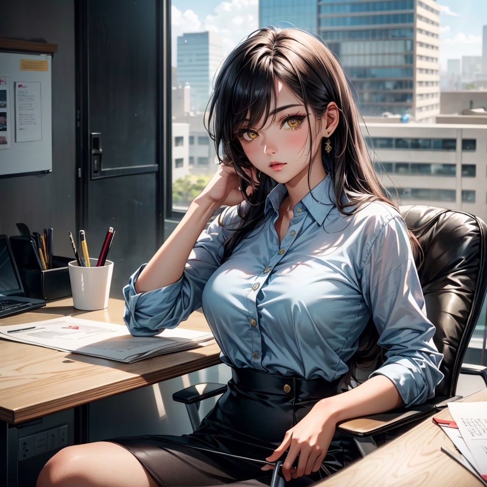 (best quality, highres:1.2), ultra-detailed, realistic, Karla Kure (Kengan Ashura), origin, office dress , 1 girl, yellow eyes, black eyelids, dark hair, solo, outdoors, looking at the viewer, masterpiece, illustration,ShirakawaRuna,  
sitting in office 