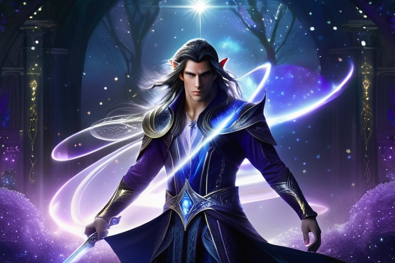 In a dimly lit astral plain, an ethereal male elf stands poised, his dark locks shimmering with cosmic twinkles that dance across his long hair like stardust. His pale skin glows softly, illuminated by the faint luminescence of the mystical background. The elf's piercing purple eyes sparkle with an otherworldly intensity, their twinkle mirroring the celestial lights that adorn his tresses. He wields two curved swords, a scimitar and twinblades, in a fluid motion, as if dancing with the very fabric of reality. His magic armor glows with a soft blue aura, reflecting the harmony between his martial prowess and the astral energies surrounding him. The air is charged with the elf's kinetic energy, as he orchestrates a symphony of steel and starlight, his blades weaving intricate patterns in the darkness.