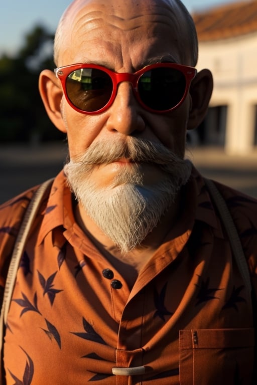 masterpiece,chinese old man, foreground, perfect picture, very long white beard reaches the neck, Long beard like Lao Tzu, bald, old man, sunglasses, (((orange hawai shirt))), sunglasses red frame oversize, sunglasses brand ray-ban model wayfarer, portrait, shallow depth of field, highly detailed, bokeh, epic, bokeh, professional, 4k, highly detailed