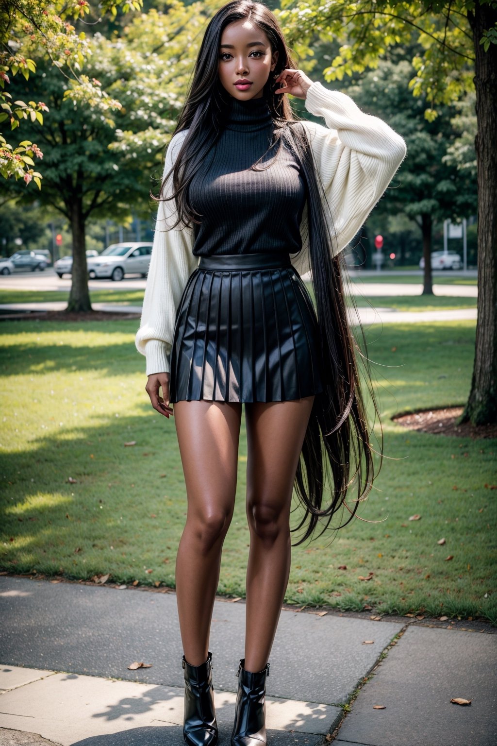 Full body,raw photo,hyper realism,8k,(by Loish),  in_profile, beautiful girl, dark skin, long white hair with vanilla flowers, beautiful large eyes, glossy dark lips,long legs,slander body,hotbody,sexy body, park background,wearing white sweater turtle neck,red short pleats skirt,more detail XL, ,Ava