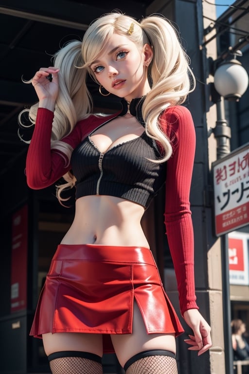 masterpiece, best quality, (detailed background), (beautiful detailed face, beautiful detailed eyes), absurdres, highres, ultra detailed, masterpiece, best quality, detailed eyes, takamaki anne, persona 5 game, solo, jewelry, swept bangs, medium breasts, earrings, blue eyes, hair ornament, platinum blonde hair, full body, 1girl, parted lips, twintails, hairclip, long hair, cleavage, stud earrings, at shibuya, black red skirt with square pattern, red crop top sweater, fishnet stockings, red sneakers, pair of silver headphones,
