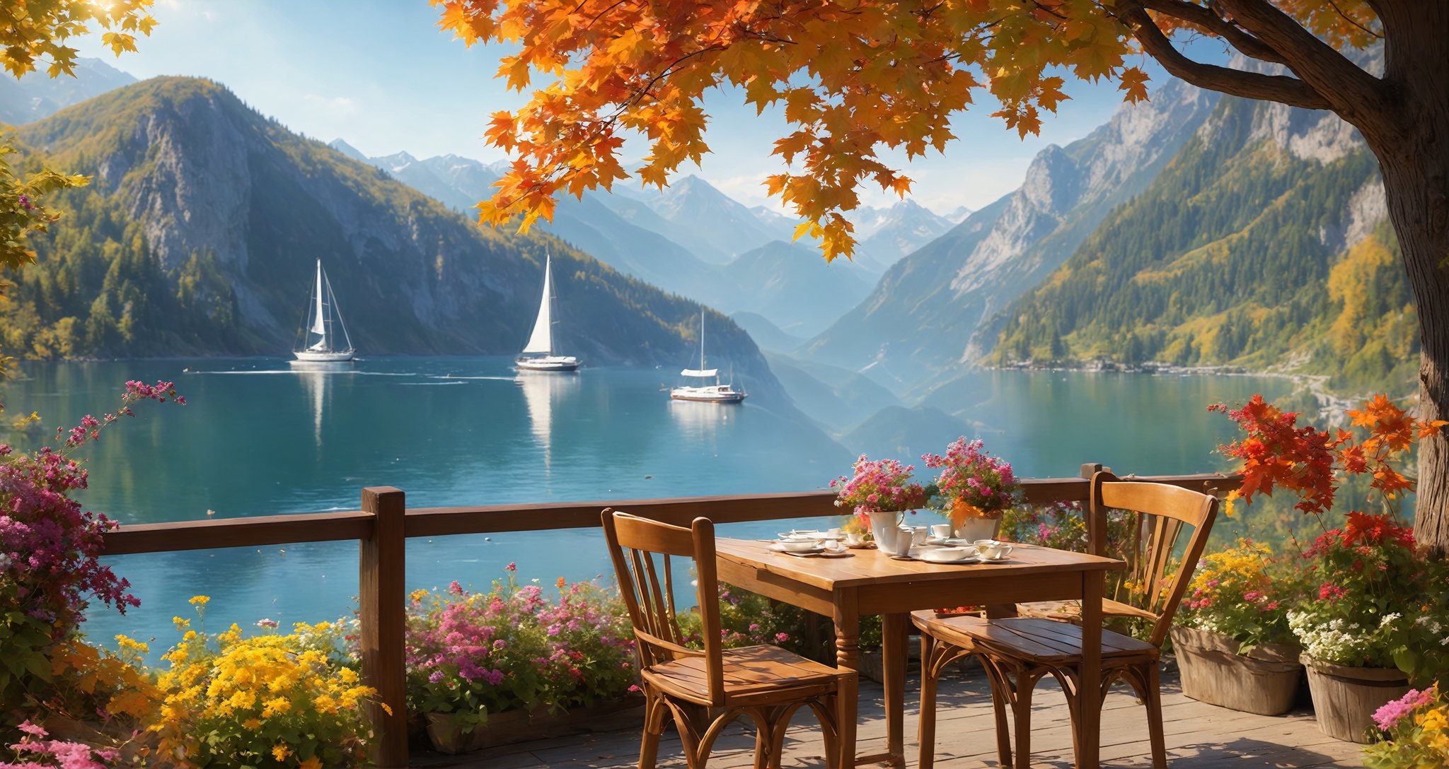 Autumn style, flowers and maple leaves in bloom, "beautiful outdoor cafe", wild flowers blooming on the shore, several beautiful small sailboats on the water, amazing scenery, mountain wild flowers blooming, full of magical places, looks like a fairyland story The world, like heaven, with flowers and sunlight bokeh in the background, depth of field, incredible beauty. The style is vivid.
