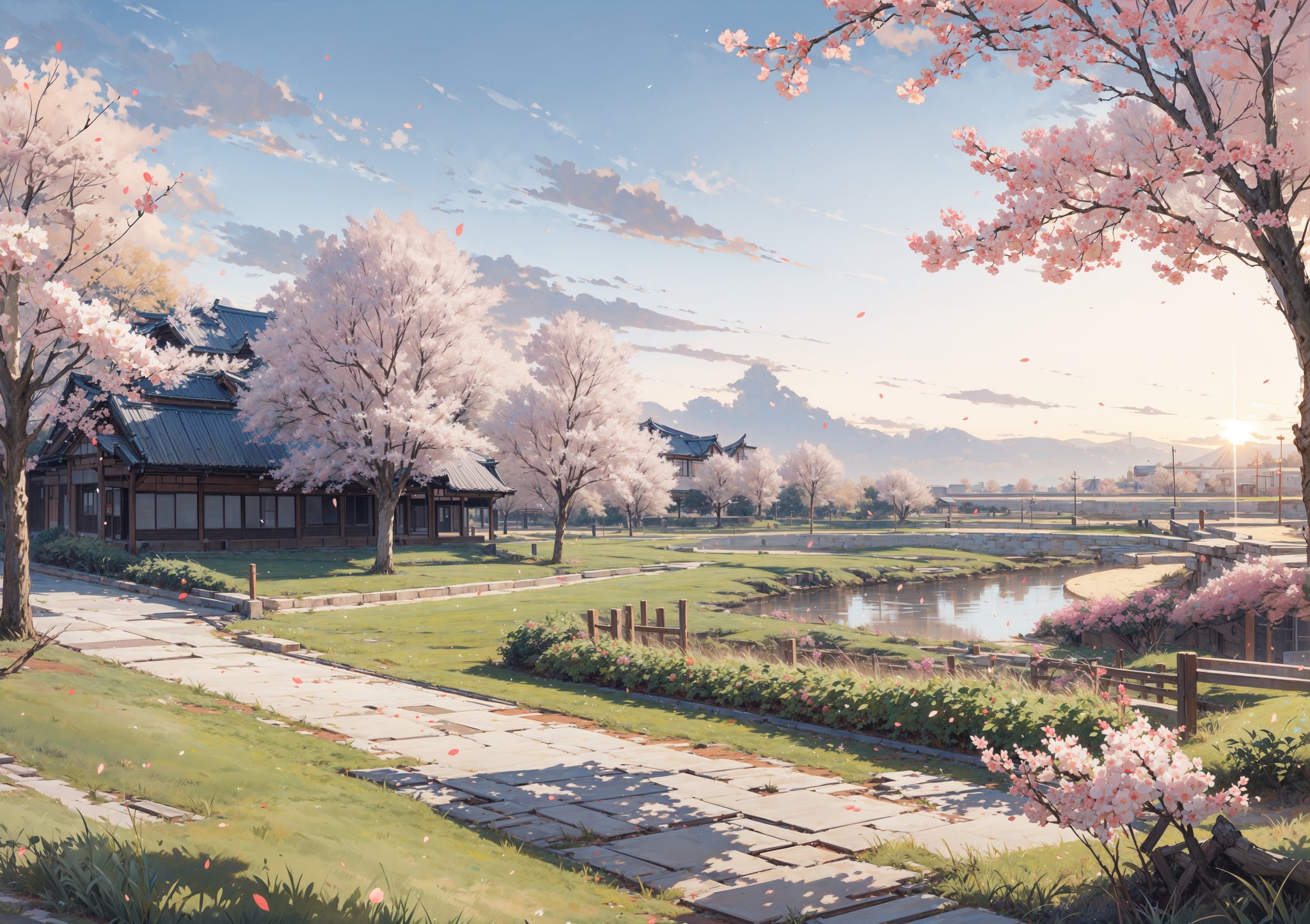 masterpiece,absurdres,best quality,extremely detailed,highres,landscape,evening,light,sakura tree,（school：1.41）,sunset,Sakura falling,gentle breeze