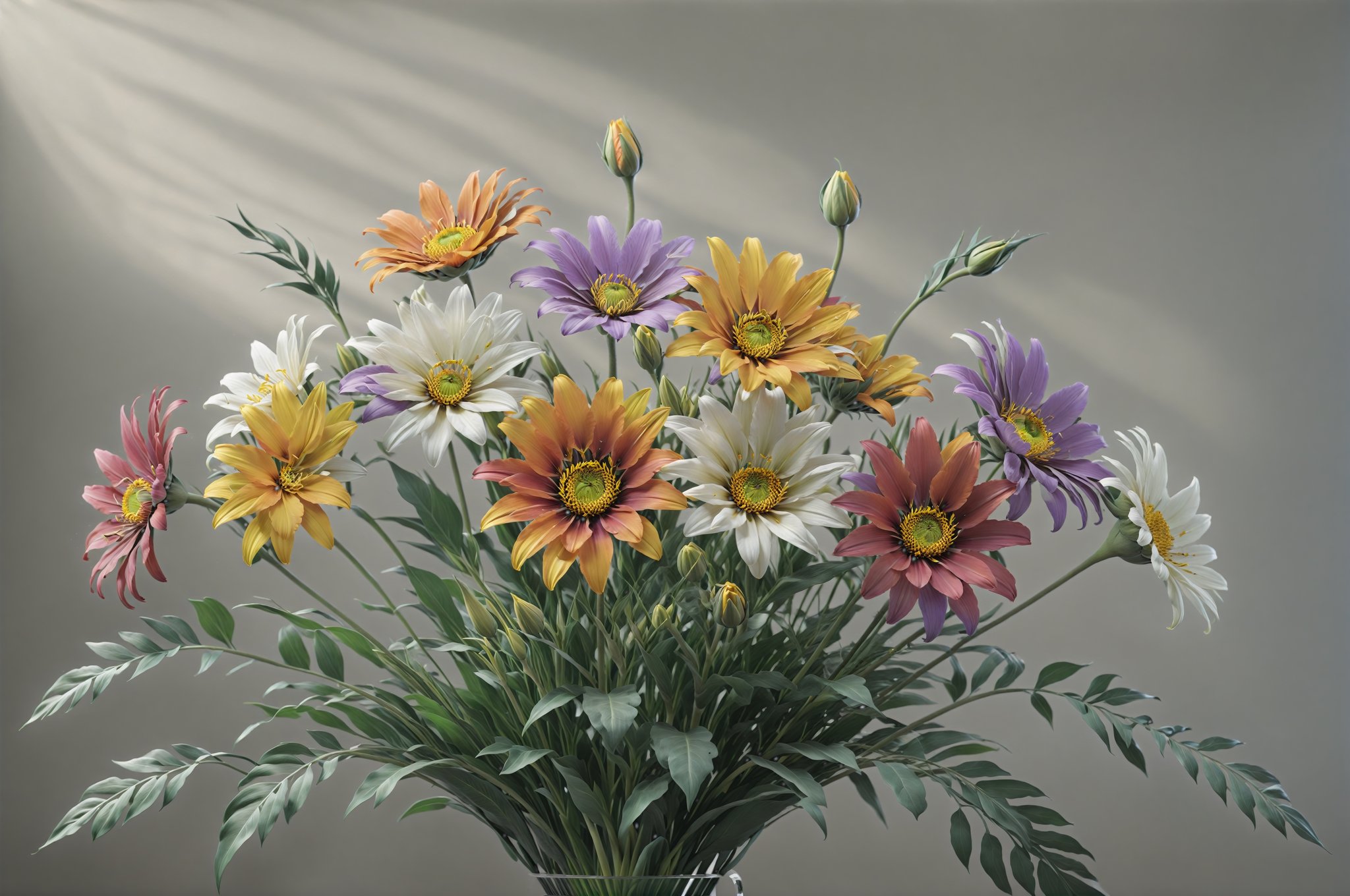 (best quality, 8K, highres, masterpiece) Create a realistic Flowers , 5 different color flowers,  natural lighting, realistic, simple background