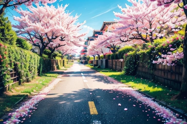 Cherry blossom trees lined both sides of the tranquil road, filling it beautifully. Cherry blossom petals fluttered in the gentle breeze, adding an artistic mood to the air. This scene is truly beautiful and peaceful,close up