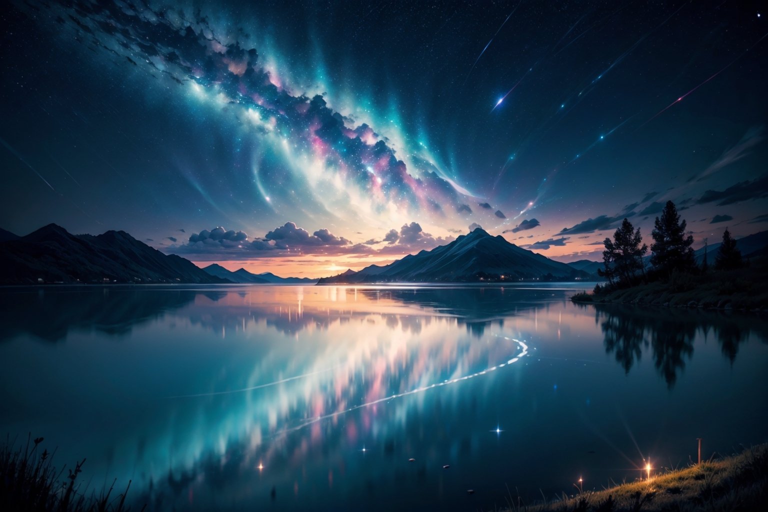 Beautifully wavy lake under the night sky, magical scenery in dreams, clouds and stars hanging in the sky, magic, beautiful scenery, illustrations, careful brush touch