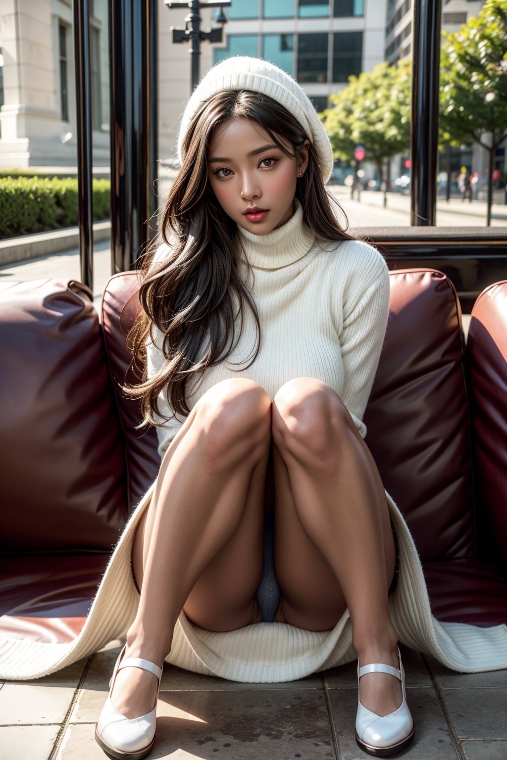 Full body,raw photo,hyper realism,8k,(by Loish),  in_profile, beautiful girl,(dark skin), (long white hair), beautiful large eyes, glossy dark lips,long legs,slander body,hotbody,sexy body, park background,wearing white sweater turtle neck,red short pleats skirt,more detail XL, ,Ava,panties