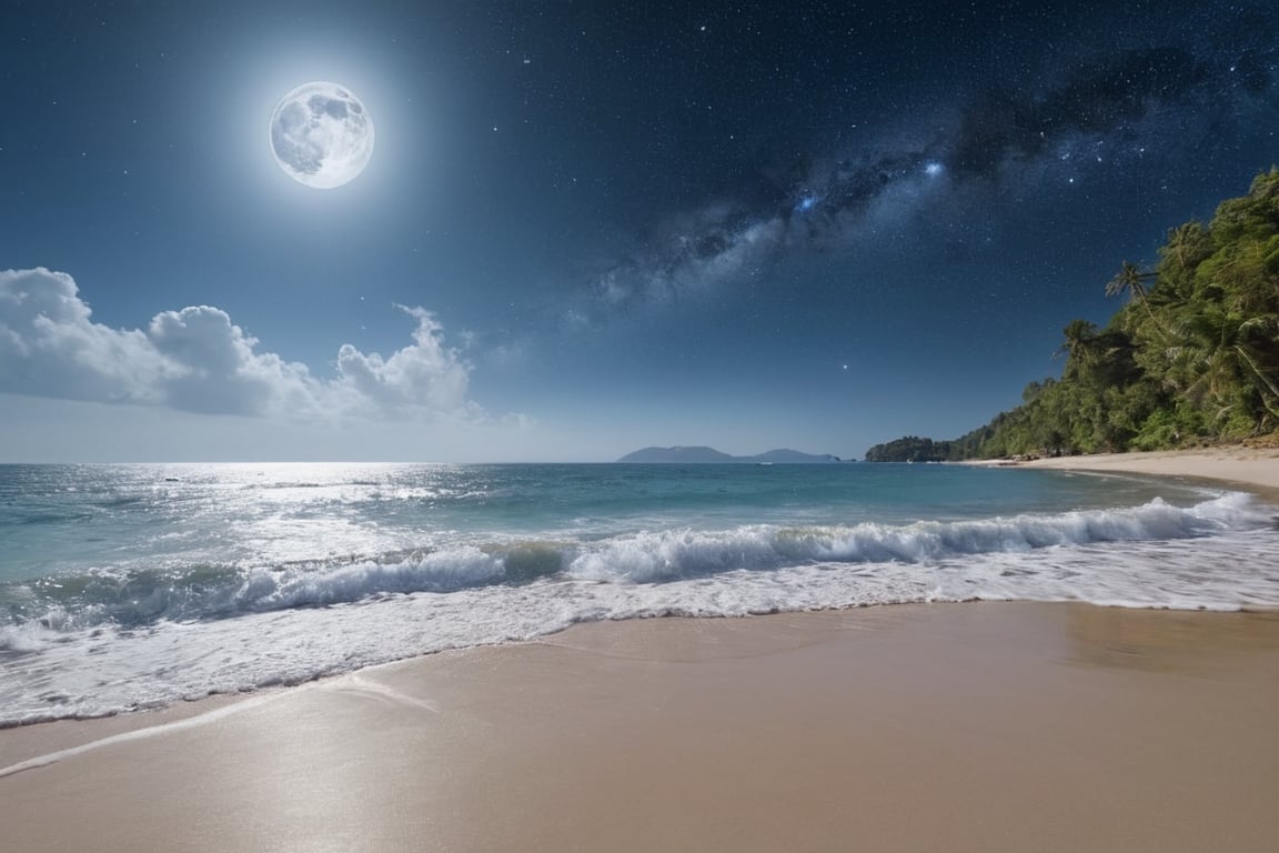 Imagine the following scene.

A beautiful beach, very transparent and crystal clear, with big waves on the shore, very vast.

The sand is very clear. It is night, the light of the full light bathes the sea. In the sky a huge full moon and many stars and galaxies can be seen.

The image is wide and far away, to see the detail of the scene.