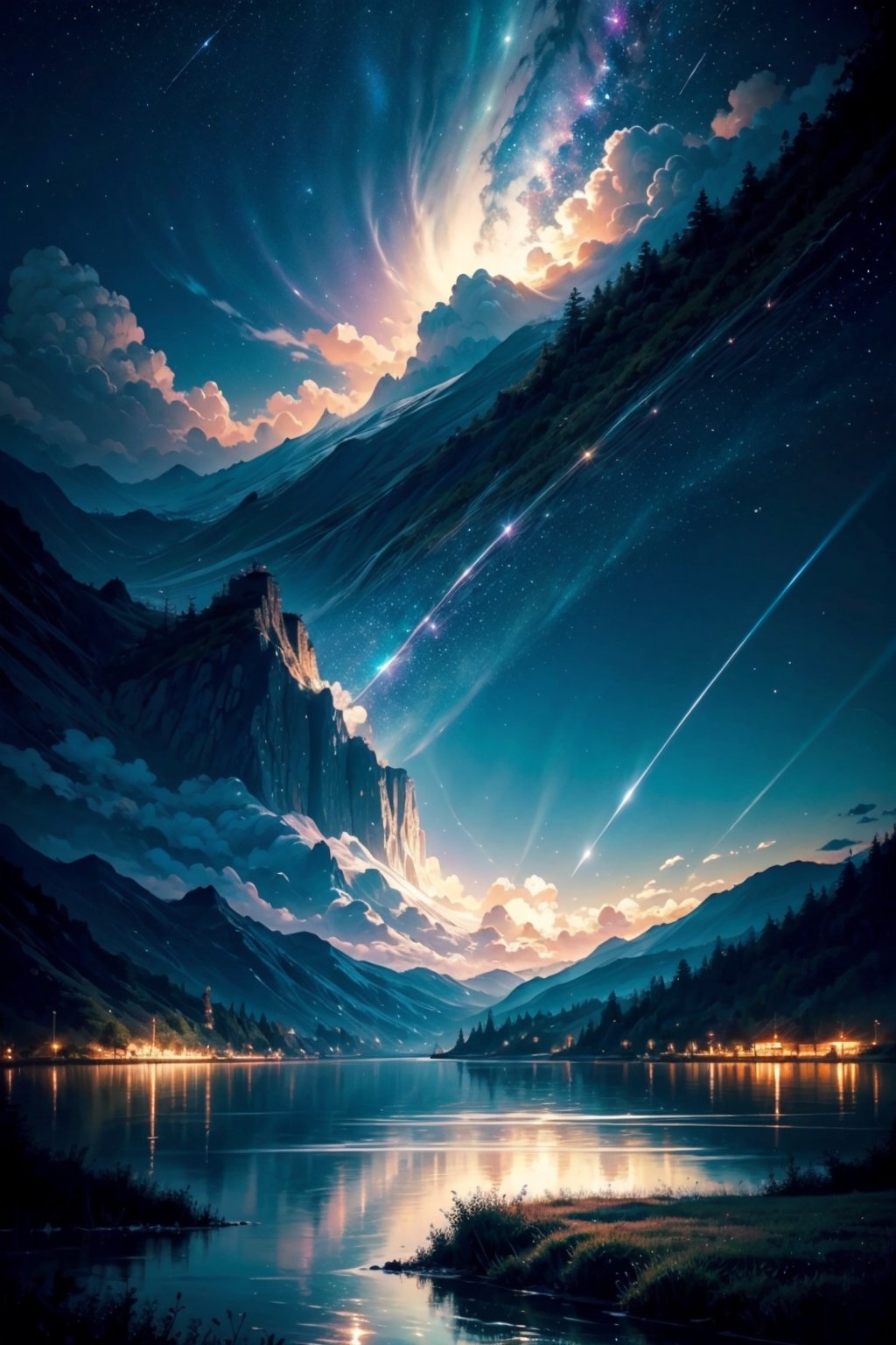 Beautifully wavy lake under the night sky, magical scenery in dreams, clouds and stars hanging in the sky, magic, beautiful scenery, illustrations, careful brush touch