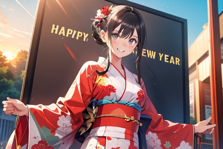 (masterpiece,  best quality),  high quality,  absurdres,  highres, BREAK,
1girl,sole_female,dynamic pose,dynamic angle,
(sunrise),outdoor,cowboy_shot,kimono,
,BREAK
(holding a legible and perfectly typed ("HAPPY NEW YEAR") large sign),pastelbg