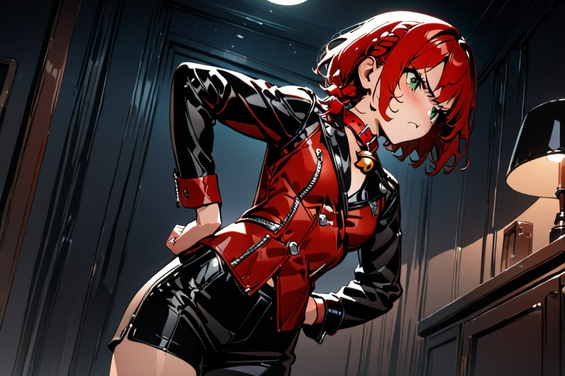 nice hands, perfect hands, best quality, highly detailed, masterpiece, ultra-detailed, illustration, 1girl, solo, Red hair, short hair, little braid, green eyes,, small breasts, Red collar bell, red vest, black leather jacket,,Night, indoors, angry, pouted, hands on hips