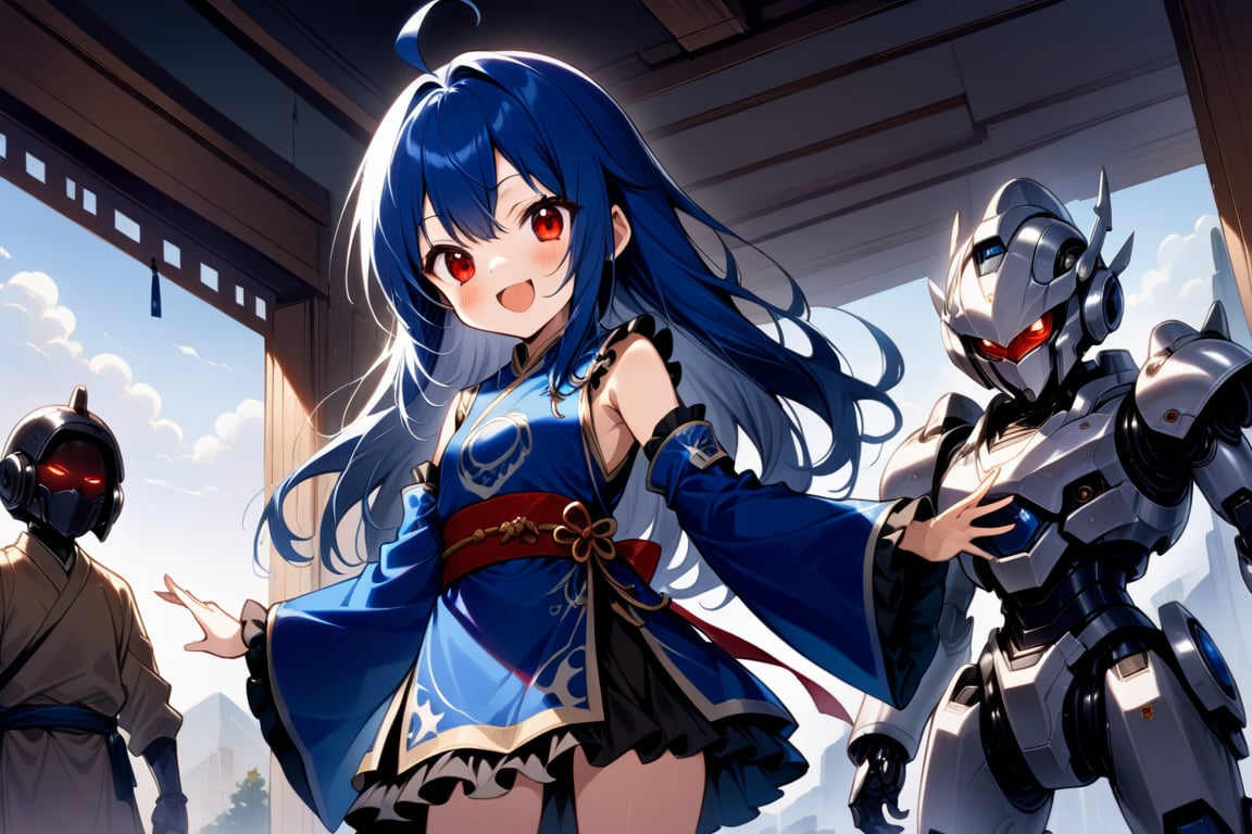 {{{loli}}},11 years old,four fingers and a thumb,,nice hands, perfect hands, best quality, highly detailed, masterpiece, ultra-detailed, illustration, best quality, highly detailed, masterpiece, ultra-detailed, illustration, long hair, blue hair, red eyes, {{masterpiece}}, small breasts, ahoge, 1girl, {{{blue chinese clothes}}}, {{{{{{{{blue tabard}}}}}}}}, detached sleeves, {{wide sleeves}}, long sleeves, {{frilled sleeves}}, blue skirt, {{frilled skirt}}, {{miniskirt}}, {{obi}}, blue stockings, open toe sandals, ,score_9,score_8_up,score_7_, standing, smiling,Medabots,dragon robot