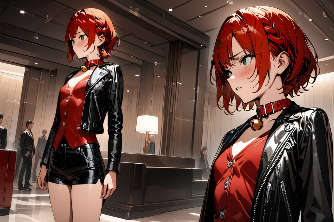 nice hands, perfect hands, best quality, highly detailed, masterpiece, ultra-detailed, illustration, 1girl, solo, Red hair, short hair, little braid, green eyes,, small breasts, Red collar bell, red vest, black leather jacket, red hanging, shorts, short boots,disgusted eyes,Hotel lobby, people coming and going, standing