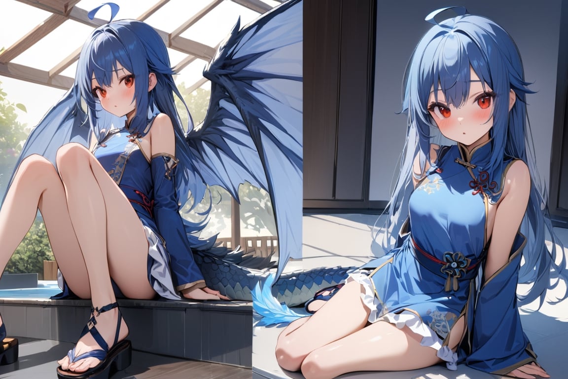 nice hands,  perfect hands, best quality, highly detailed, masterpiece, ultra-detailed, illustration,  best quality,  highly detailed,  masterpiece,  ultra-detailed,  illustration,  long hair,  blue hair,  red eyes,  {{masterpiece}},  small breasts,  ahoge,  1girl,  {{{blue chinese clothes}}},  {{{{{{{{blue tabard}}}}}}}},  detached sleeves,  {{wide sleeves}},  long sleeves,  {{frilled sleeves}},  blue skirt,  {{frilled skirt}},  {{miniskirt}},  {{obi}},  blue stockings,  open toe sandals, monster girl, dragon girl, dragon tail, scales,feather wings , nose blush ,butterfly sitting position, v arms,indoor, rei no pool, no human,
