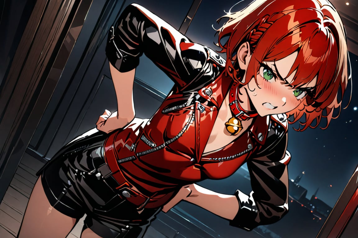 nice hands, perfect hands, best quality, highly detailed, masterpiece, ultra-detailed, illustration, 1girl, solo, Red hair, short hair, little braid, green eyes,, small breasts, Red collar bell, red vest, black leather jacket,,Night, indoors, angry, pouted, hands on hips