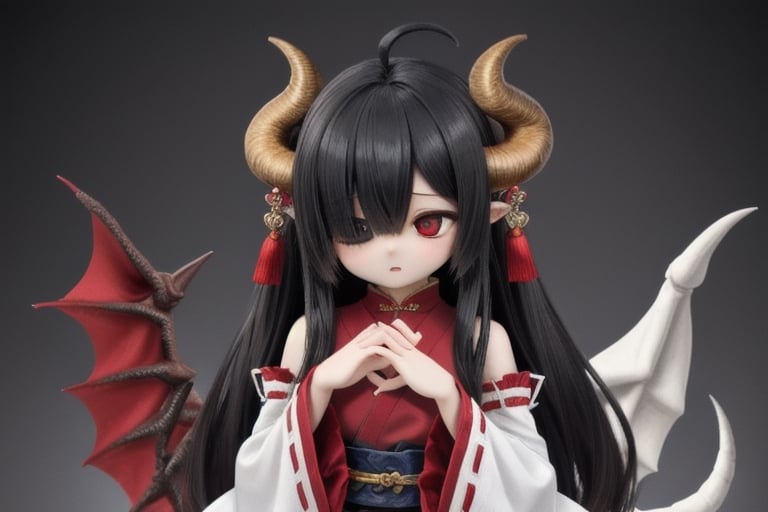 solo,{{{ loli}}},{{{{ nice hands}}}, {{{perfect hands}}}, best quality, highly detailed, masterpiece, ultra-detailed, illustration, long hair, black hair, red eyes, {{masterpiece}}, small breasts, empty eyes, ahoge, bangs that cover one eye, {{{black chinese clothes}}}, {{{{{{{{black tabard}}}}}}}}, detached sleeves, {{wide sleeves}}, long sleeves, {{frilled sleeves}}, black skirt, {{frilled skirt}}, {{miniskirt}}, {{obi}}, black stockings, mary_janes,shy, monster girl, dragon girl, {{{dragon tail}}}, scales, {{{horns}}},,official style, game cg,  very aesthetic, best quality,cupping_hands, own_hands_together,