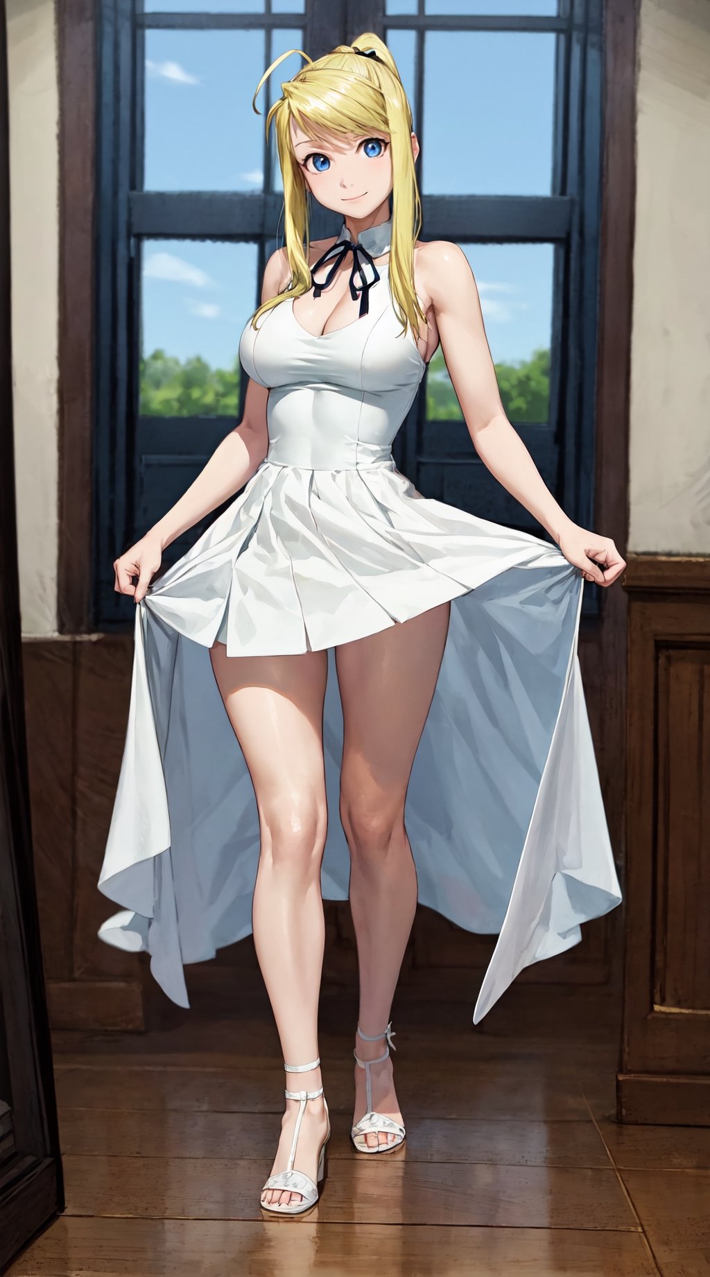 best quality, (masterpiece:1.2), detailed,,1girl, young 18 years old, solo, closed mouth, slight smile,long hair, red hair, ahoge, blue eyes,white dress, big_breast, (full body:1.5), bare shoulders, neck ribbon, black ribbon, dark brown skirt, long sleevesstanding, looking at the viewer,indoors, window,winry_rockbell