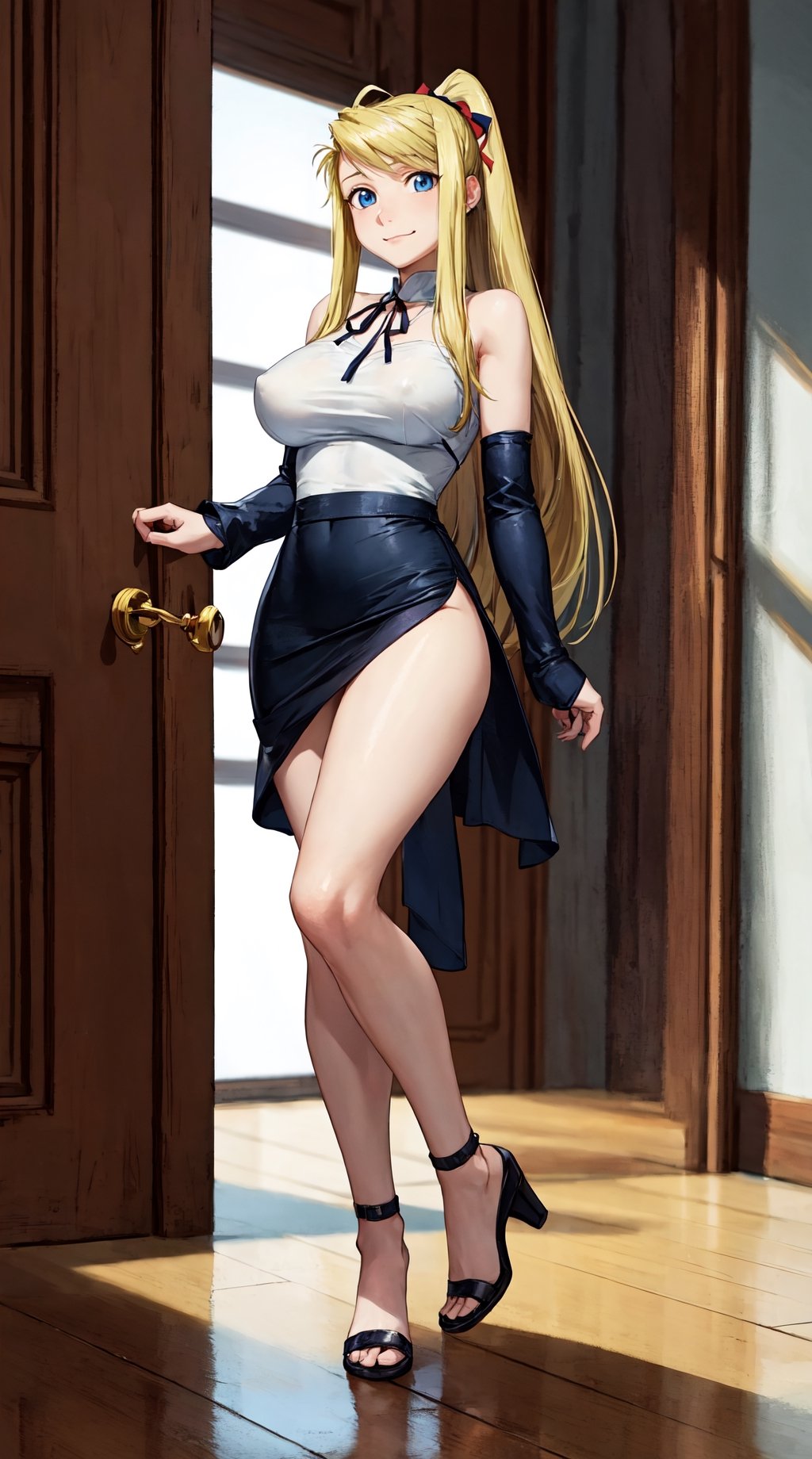 best quality, (masterpiece:1.2), detailed,,1girl, young 18 years old, solo, closed mouth, slight smile,long hair, red hair, ahoge, blue eyes,white dress, big_breast, (full body:1.5), bare shoulders, neck ribbon, black ribbon, dark brown skirt, long sleevesstanding, looking at the viewer,indoors, window,winry_rockbell