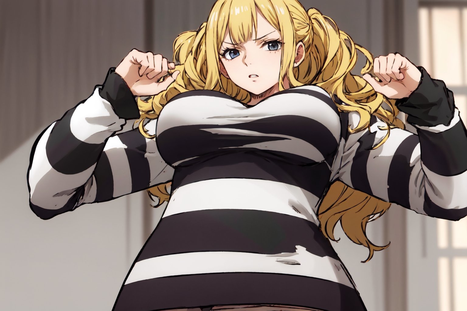 masterpiece, best quality, highres, 2d, masterpiece, best quality, anime, highly detailed face, perfect lighting, wano, 1girl, solo, short hair, wavy hair, bangs, large breasts, long sleeves, blonde, PrisonerCh, striped prison shirt, black and white stripes,
,wano, upper_body, arms_crossed, standing, o neck