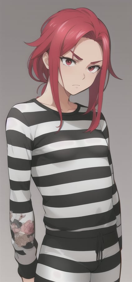 best quality)), ((highly detailed)), masterpiece, anime drawing of one man with red hair, in an anime style, in anime style, erza scarlet, in japanese anime style, very modern anime style, with red hair, (male), (flat chest), older man, (flat_chested), (thick_eyebrows), (pony_tail), striped, prison clothes, black & white stripes, striped_clothes, upper_body, long_sleeves, striped_shirt, 