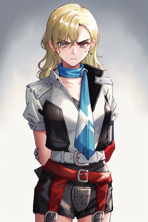 (masterpiece, best quality, high quality, highres), 1girl, hirokosmtii, blonde hair, gloves, mole under eye, scarf, jacket, (((hands behind back))), (((arms behind back))), angry, upper_body, ((facing_viewer)), 