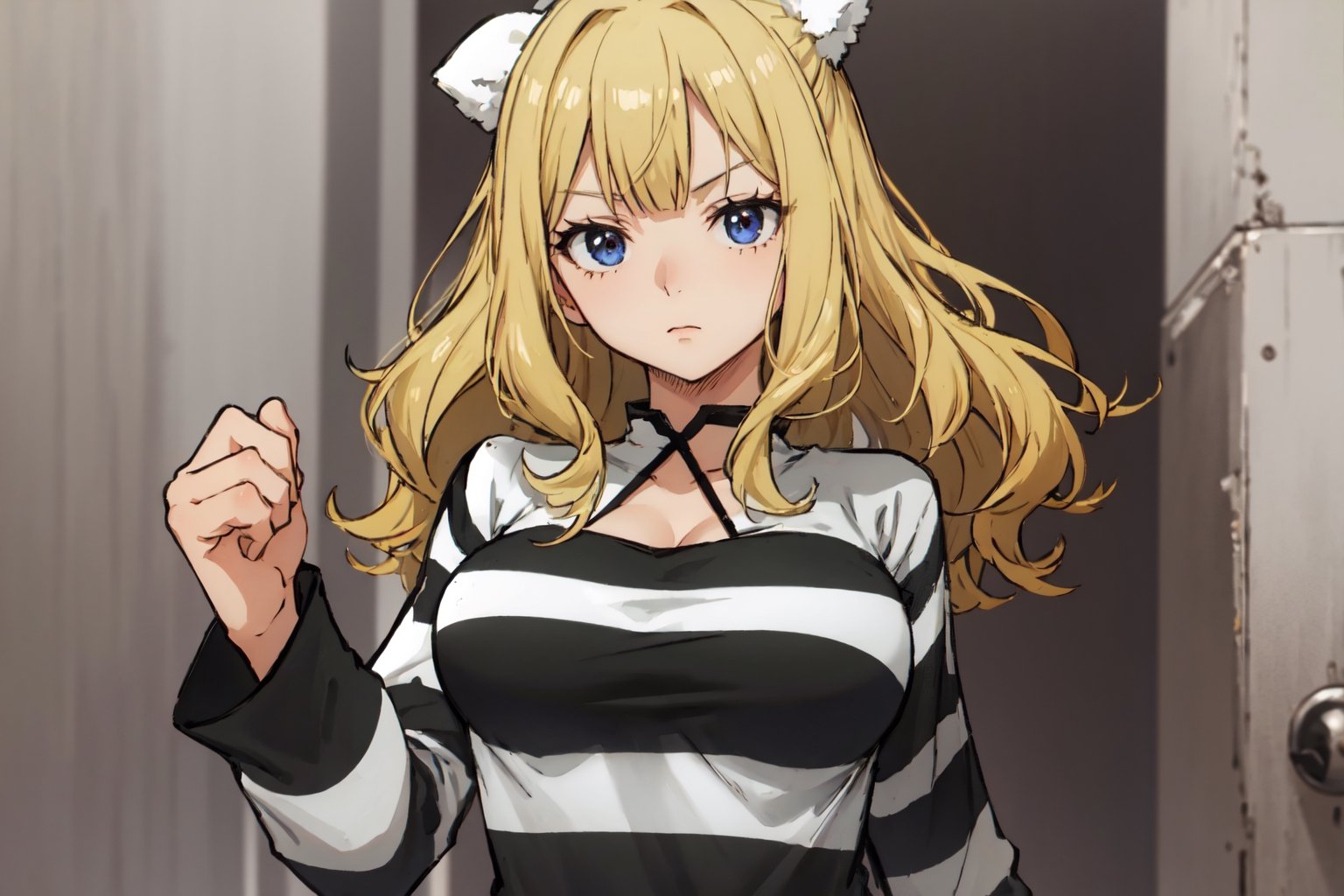 masterpiece, best quality, highres, 2d, masterpiece, best quality, anime, highly detailed face, perfect lighting, wano, 1girl, solo, short hair, wavy hair, bangs, large breasts, long sleeves, blonde, PrisonerCh, striped prison shirt, black and white stripes,
,wano, upper_body, arms_crossed, standing, o neck