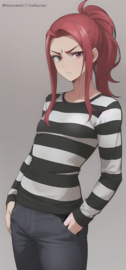 best quality)), ((highly detailed)), masterpiece, anime drawing of one man with red hair, in an anime style, in anime style, erza scarlet, in japanese anime style, very modern anime style, with red hair, (male), (flat chest), older man, (flat_chested), (thick_eyebrows), (pony_tail), striped, prison clothes, black & white stripes, striped_clothes, upper_body, long_sleeves, striped_shirt