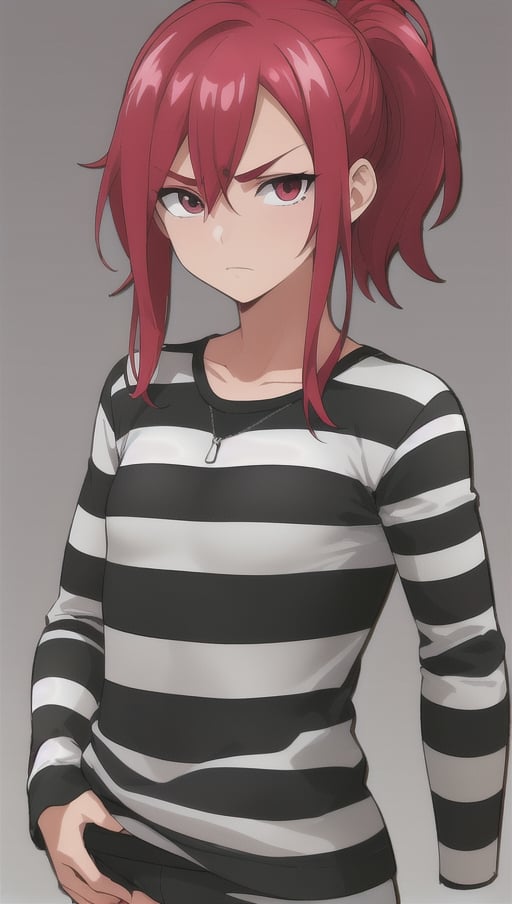 best quality)), ((highly detailed)), masterpiece, anime drawing of one man with red hair, in an anime style, in anime style, erza scarlet, in japanese anime style, very modern anime style, with red hair, (male), (flat chest), older man, (flat_chested), (thick_eyebrows), ((pony_tail)), striped, prison clothes, black & white stripes, striped_clothes, upper_body, long_sleeves, striped_shirt, 