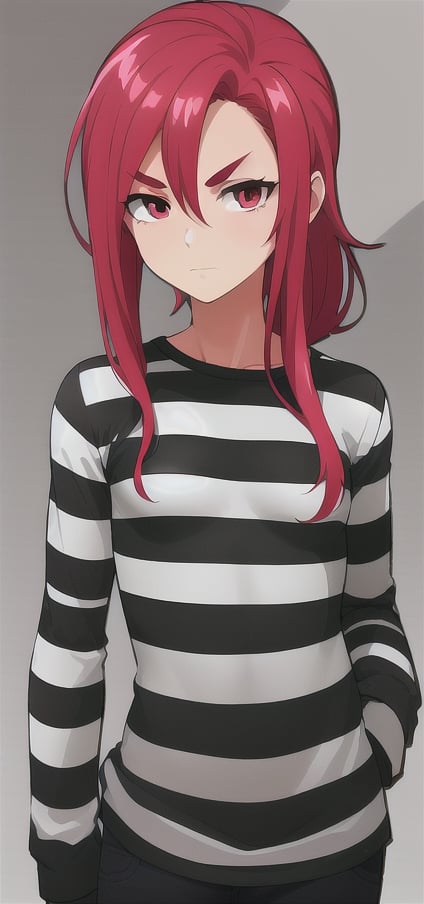 best quality)), ((highly detailed)), masterpiece, anime drawing of one man with red hair, in an anime style, in anime style, erza scarlet, in japanese anime style, very modern anime style, with red hair, (male), (flat chest), older man, (flat_chested), (thick_eyebrows), (pony_tail), striped, prison clothes, black & white stripes, striped_clothes, upper_body, long_sleeves, striped_shirt, muscled