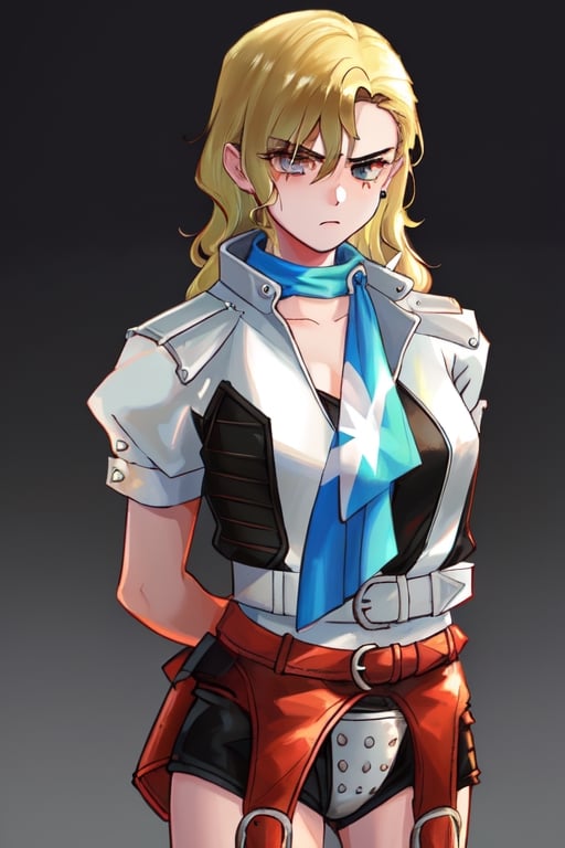 (masterpiece, best quality, high quality, highres), 1girl, hirokosmtii, blonde hair, gloves, mole under eye, scarf, jacket, (((hands behind back))), (((arms behind back))), angry, upper_body, ((facing_viewer)), lead by guards