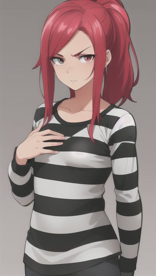 best quality)), ((highly detailed)), masterpiece, anime drawing of one man with red hair, in an anime style, in anime style, erza scarlet, in japanese anime style, very modern anime style, with red hair, (male), (flat chest), older man, (flat_chested), (thick_eyebrows), (pony_tail), striped, prison clothes, black & white stripes, striped_clothes, upper_body, long_sleeves, (striped_shirt), 