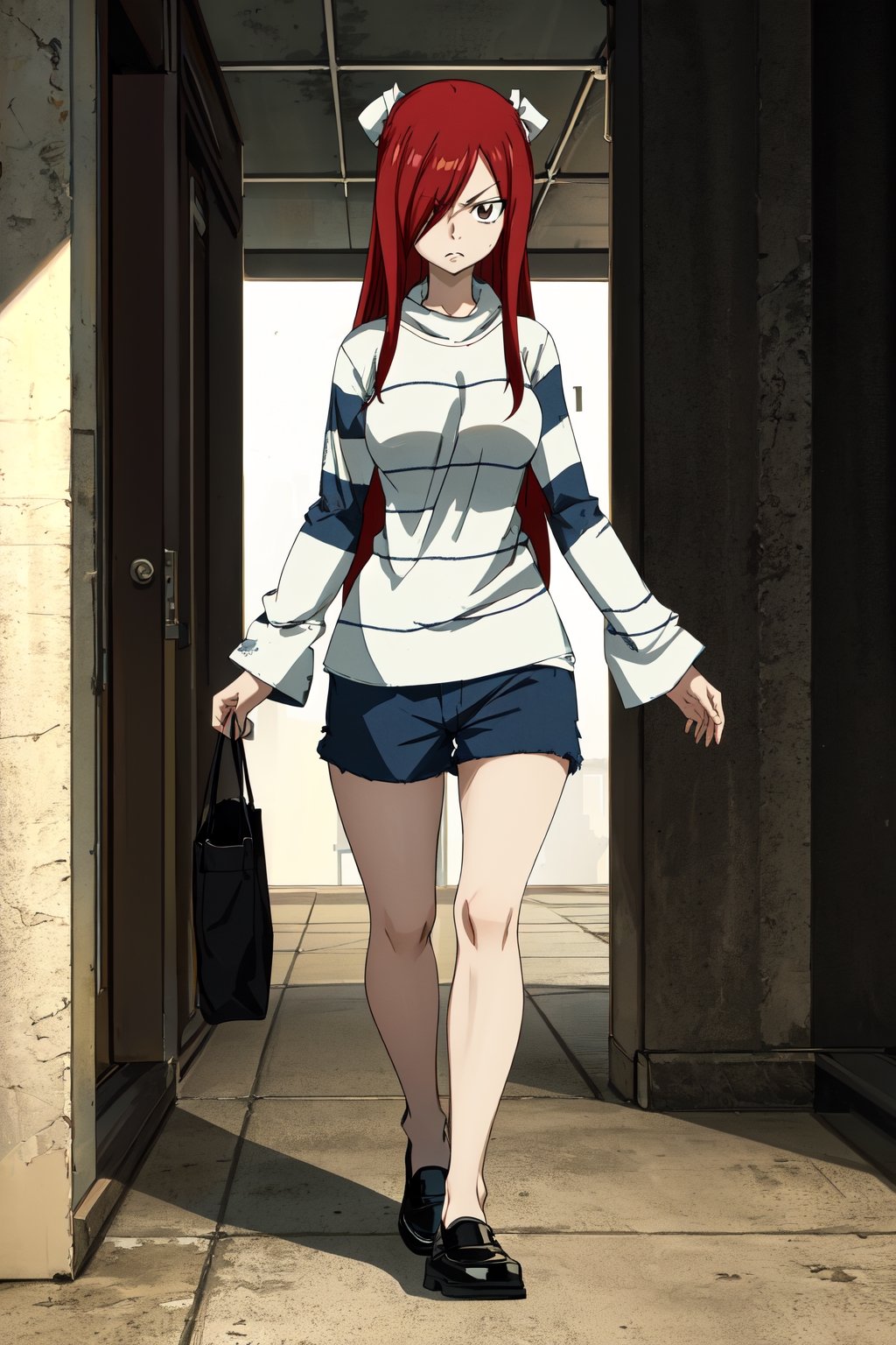masterpiece, best quality, highres, fairy tail, 1girl, long hair, red hair, brown eyes,  hair over one eye, standing, ,fairy tail, walking, upset, PrisonerCh, striped prison shirt, black and white stripes,
